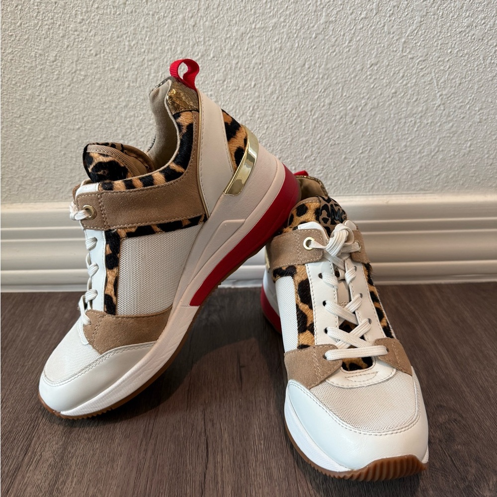 Michael Kors White with Red and Leopard Animal Print Athletic Sneakers.